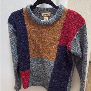Blue and Red Crew Neck Sweater with Color Block Design